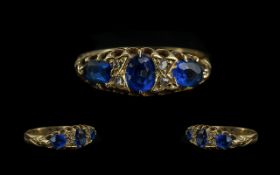 Antique Period - Attractive 18ct Gold Five Stone Sapphire and Diamond Set Ring, Gallery Setting.