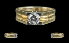 18ct Two Tone Gold - Superior Quality Single Stone Diamond Set Ring, Contemporary Design.