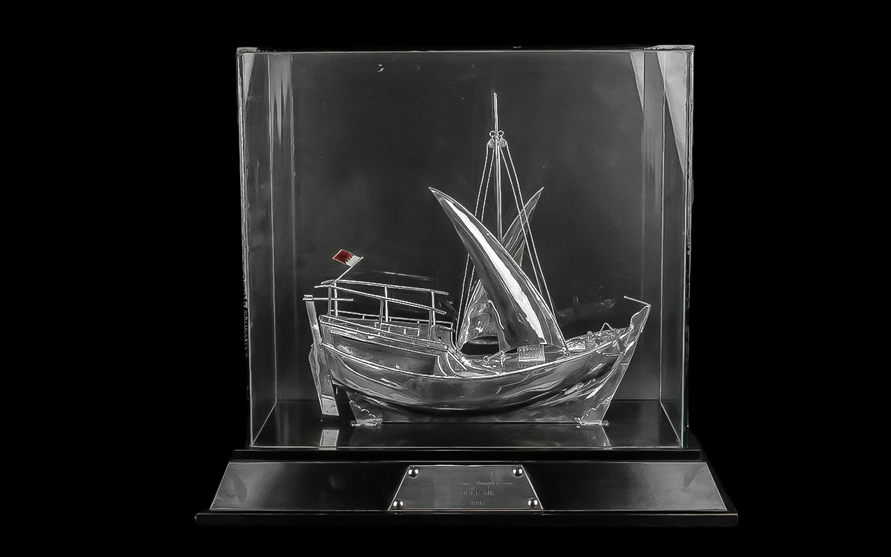A Superb Quality / Impressive Bespoke Arabian Silver Dhow - Model Sailing Boat of Large Proportions,