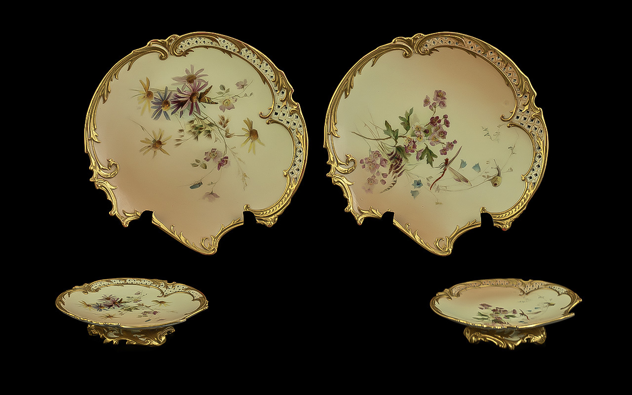 Royal Worcester Fine Quality Pair of Hand Painted Blush Ivory Porcelain Pedestal Dishes,