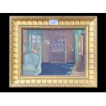 Fred Wilde Original Oil on Canvas, depicts a living room. Framed, measures 12" x 15".