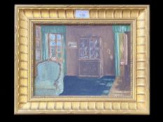 Fred Wilde Original Oil on Canvas, depicts a living room. Framed, measures 12" x 15".