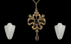 Victorian Period 1837 - 1901 9ct Gold Open Worked Pendant, Set with Seed Pearls and Gems,