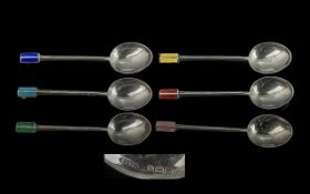 Art Deco Period Sterling Silver and Enamel Harlequin Set of 6 Coffee Spoons original box.