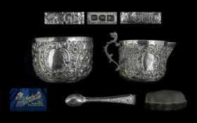 A Superb Edwardian Period Boxed Set, Consisting of Sterling Silver Milk Jug, Sugar Bowl and Nips.