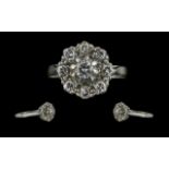 18ct White Gold Diamond Set Cluster Ring - Flowerhead Design. Marked 18ct To Interior Of Shank.