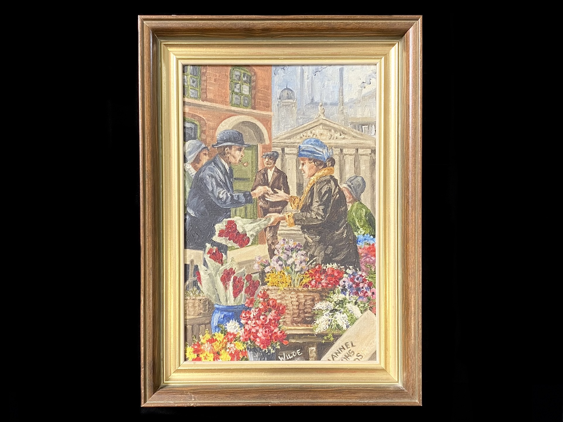 Fred Wilde Original Oil on Canvas, depicts a flower seller, signed. Framed, overall size 18" x 13".