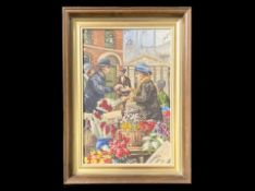 Fred Wilde Original Oil on Canvas, depicts a flower seller, signed. Framed, overall size 18" x 13".