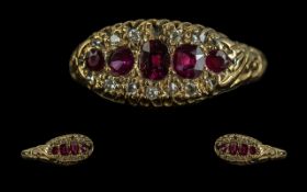 Antique Period - Attractive 18ct Gold Ruby and Diamond Set Ring. Full Hallmark to Interior of Shank.