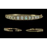 Antique Period - Attractive 18ct Gold Opal and Diamond Set Hinged Bangle.