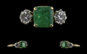 Ladies 18ct Gold Attractive 3 Stone Emerald and Diamond Set Dress Ring. Marked 18ct to Shank.