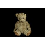 Vintage Ash Brown Plush Teddy Bear, wood shavings filling; missing one ear and some condition