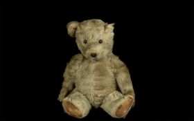 Vintage Ash Brown Plush Teddy Bear, wood shavings filling; missing one ear and some condition