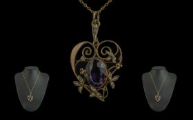 Antique Period - Attractive 9ct Gold Open Worked Pendant - Brooch with Attached 9ct Gold Chain.
