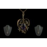 Antique Period - Attractive 9ct Gold Open Worked Pendant - Brooch with Attached 9ct Gold Chain.