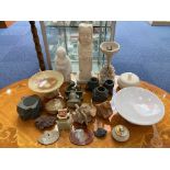 Two Boxes of Carved Stone Items, including bowls, figures, calendar, candle holders, etc.
