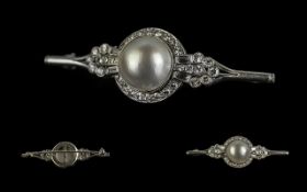 Art Deco Period - Superb Quality Platinum Diamond and Pearl Set Brooch, Excellent Design.