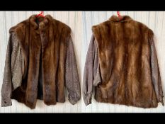 Ladies Dark Brown Mink Bomber Jacket, with gold and brown faux suede sleeves.