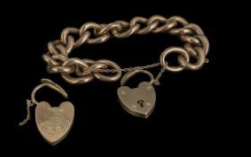 Antique Period - Edwardian Period 9ct Gold Curb Bracelet with Large 9ct Gold Heart Shaped Padlock.
