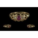 Antique Period - Attractive 18ct Gold 3 Stone Ruby and Diamond Set Ring. Full Hallmark to Shank,