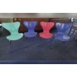 Collection of Four Genuine Fritz Hanson Chairs, labels to base, two blue, one pink and one green.