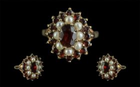 Ladies - Attractive 9ct Gold Garnet and Seed Pearl Cluster Ring. Excellent Setting.