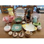 Box of Collectibles including pink pottery fruit basket, green mottled vase, pink Rosenthal bowl,