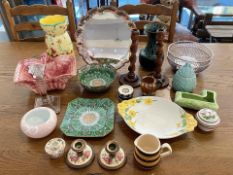 Box of Collectibles including pink pottery fruit basket, green mottled vase, pink Rosenthal bowl,