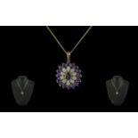 Antique Period Attractive 9ct Gold Circular Pendant - Set With Amethysts & Opals.