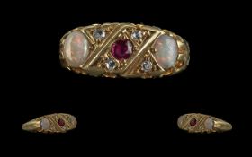 Antique Period - Superb 18ct Gold Ruby - Diamond and Opal Set Ring.