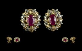 Ladies - Attractive 18ct Gold Pair of Diamond and Ruby Set Earrings.