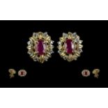 Ladies - Attractive 18ct Gold Pair of Diamond and Ruby Set Earrings.