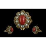 Ladies 9ct Gold - Attractive Red Coral and Seed Pearl Set Cluster Ring. Fully Hallmarked to Shank.