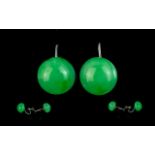 Ladies - Attractive Pair of 9ct White Gold Jade Set Earrings. Marked 9ct to Each Earring. The Jade