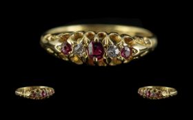 Antique Period Attractive 18ct Gold 5 Stone Ruby & Diamond Set Ring, gallery setting,