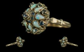Antique Period 18ct Gold - Attractive Tear-Drop Opals and Gem Set Cluster Ring.