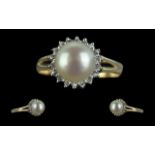 Ladies 14ct Yellow Gold Pearl and Diamond Set Cluster Ring. Marked 585 to Shank.