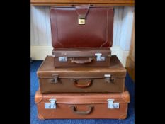 Three Vintage Suitcases, brown leather, largest measures 26" x 16" deep, one measures 24" x 13",