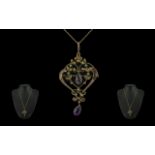 Antique Period Attractive 9ct Gold Open Worked Amethyst & Seed Pearl Set Pendant Brooch - Of