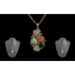 14ct Yellow Gold - Attractive Gem Multi-Stone Set Pendant with Attached 9ct Gold Chain.