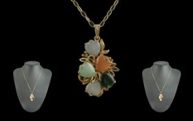 14ct Yellow Gold - Attractive Gem Multi-Stone Set Pendant with Attached 9ct Gold Chain.