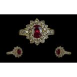 18ct Gold - Good Quality Ruby and Diamond Set Ring, Flower head Design.