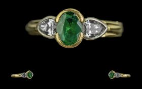 18ct Gold Attractive Emerald and Diamond Set Dress Ring. Full Hallmark to Interior of Shank.