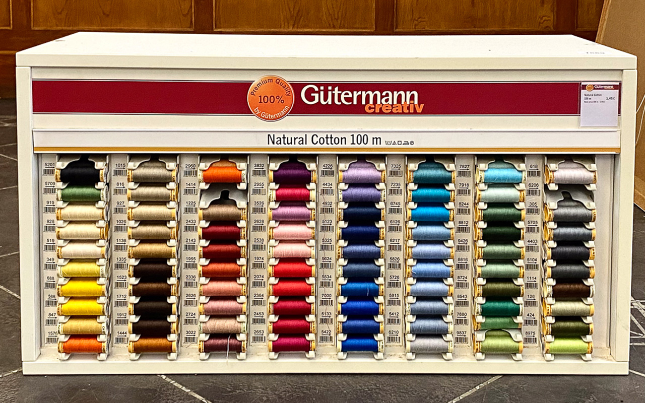 Haberdashery Interest - Guttermann Creativ Display Cabinet fitted with Natural Cotton Reels in all