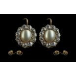 Antique Period - Attractive 18ct Gold Pair of Diamond and Pearl Set Earrings ( Flower Head Setting