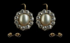 Antique Period - Attractive 18ct Gold Pair of Diamond and Pearl Set Earrings ( Flower Head Setting