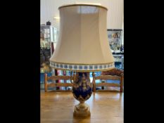 Blue & Gilt Table Lamp with decorative swan handles and leaf design. Square base, measures approx.