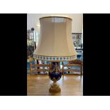 Blue & Gilt Table Lamp with decorative swan handles and leaf design. Square base, measures approx.