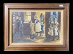 Original Art Work by Fred Wilde, oil on canvas, depicting a Mother sending a child off to school.