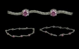 Ladies - Contemporary 9ct White Gold Diamond and Pink Topaz Set Bracelet,